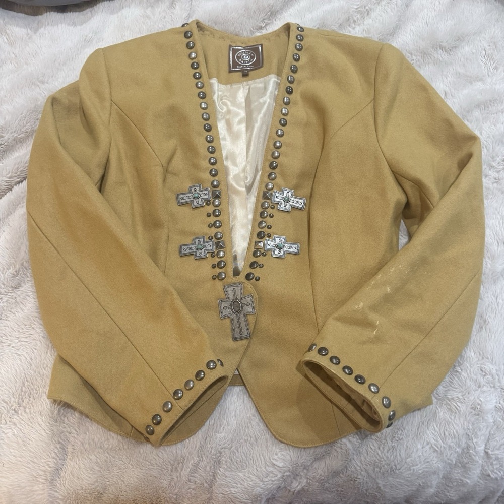 Vintage Women's Medium Double D Ranch Wear Brown Jacket with Studs Cross Wool